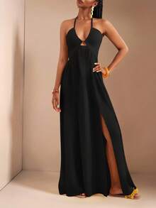 Zivah 新款春夏休闲假日露背露肩胸围、腰围和后背摆裙，前开叉至大腿，黄色海条纹女式超长连衣裙-B