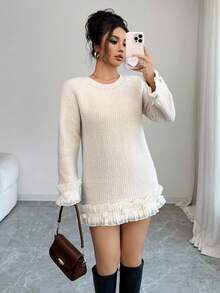SHEIN Elenzya Women's Lace Patchwork Faux Pearl Collar Raglan Sleeve Sweater - Apricot - View 1