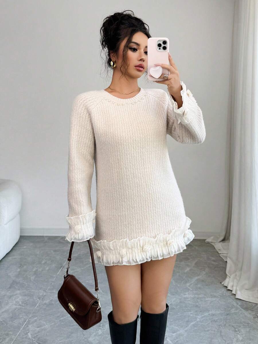 SHEIN Elenzya Women's Lace Patchwork Faux Pearl Collar Raglan Sleeve Sweater - Apricot - View 1