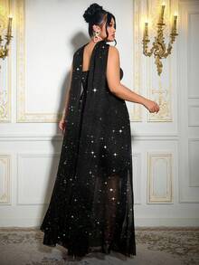 Flirla Plus Size Sequin Ruched Shoulder Dress, Sexy & Slimming, Formal Party Gown