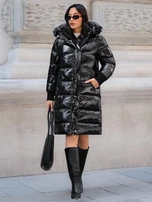 EURMUSE Special Shiny Fabric Puffer Long Jacket