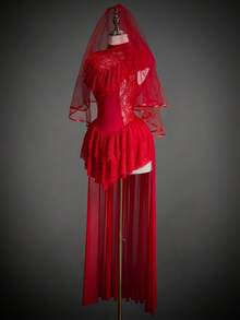 SHEIN ICON 女式红色万圣节迷你立领蕾丝网眼分层不对称下摆服装连衣裙 - 紅色 - 查看 7