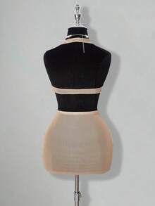 SHEIN ICON 女式杏色深 V 领水钻透视露背迷你连衣裙，性感派对和活动适用 - 杏色 - 查看 2