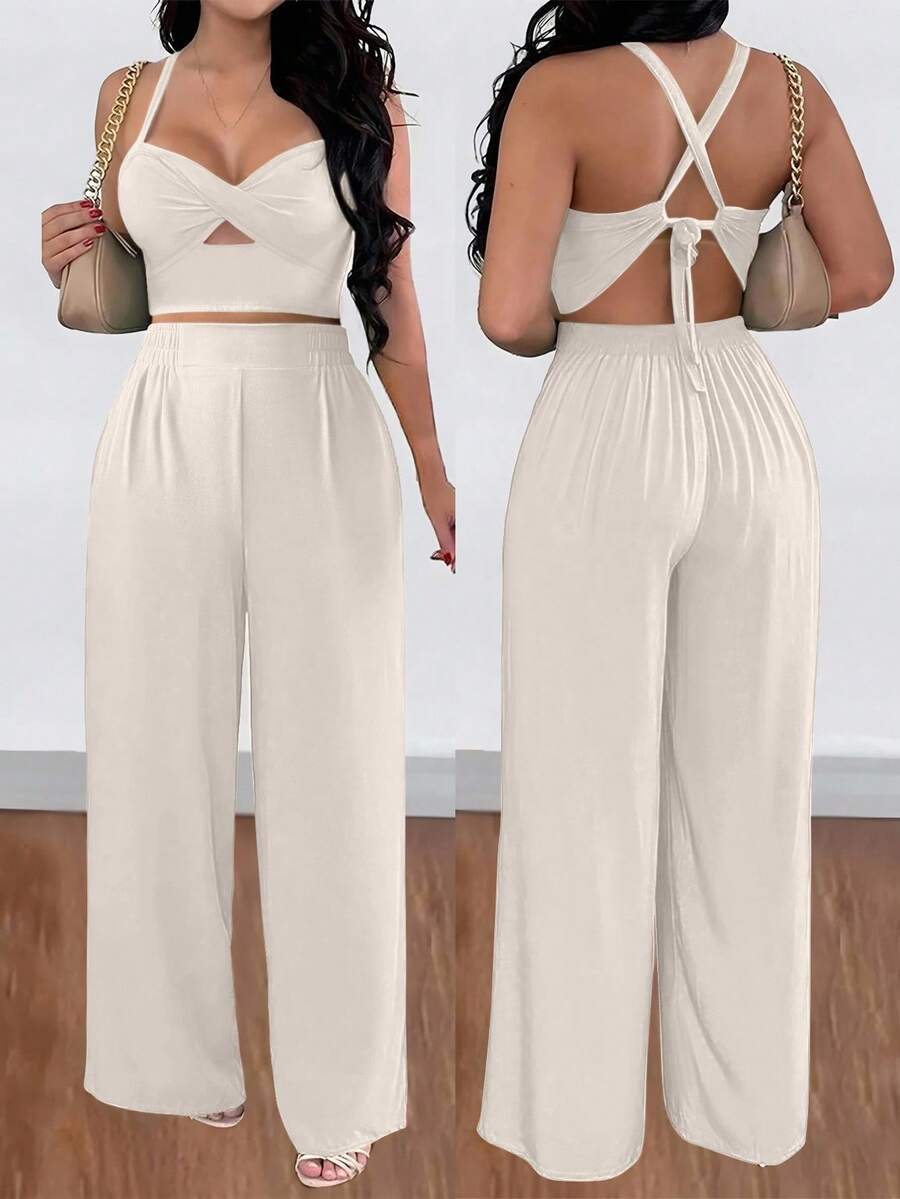 Silhoulove 2件套性感度假扭纹后绑带宽松阔腿裤套装 - 杏色 - 查看 1