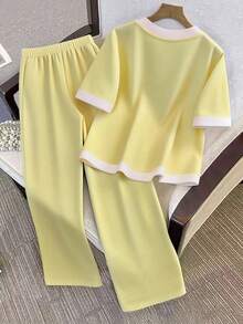 SHEIN PETITE 2pcs/Set Contrast Color V-Neck Shirt & Casual Pants Suit - Yellow - View 2