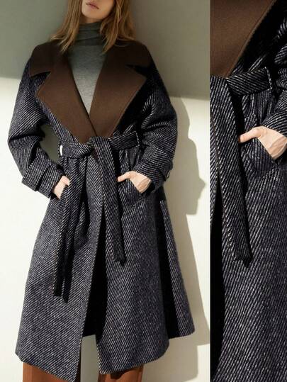 Aveloria Modichic French Style, Tweed Fabric Belt Tie Decor, Contrast Color Lapel Long Trench Women Overcoat