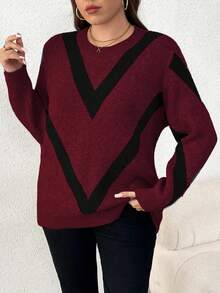 EMERY ROSE 大码女式休闲时尚修身圆领长袖提花针织套头衫，秋冬 - 酒紅色 - 查看 4