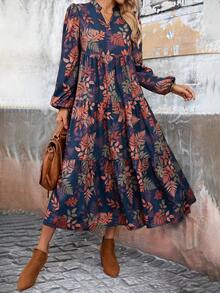 EMERY ROSE Women's Autumn Casual Botanical Print Notched Neck Midiwinter Dress - Multicolor - View 5