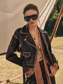 Anewsta 女式翻领领口落肩前拉链腰部按扣休闲机车夹克 - 黑色 - 查看 3