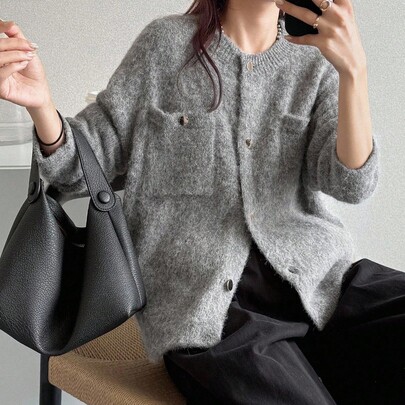 여성용 라이트 그레이 라운드 넥 드롭 숄더 긴소매 포켓 장식 루즈 캐주얼 가디건, 가을에 다용도