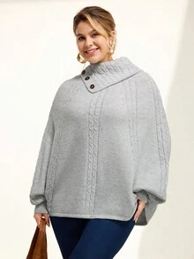 Momelise Suéter de manga de murciélago de unicolor talla grande, otoño/invierno - Gris - Ver 5