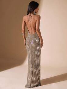 SHEIN BAE Váy dạ hội thanh lịch, thích hợp cho tiệc tùng, hộp đêm, tiệc cocktail, tiệc tối, dạ hội, dạ hội, dạ hội - Màu Khaki - Xem 2