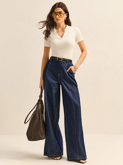 Daynim Women's Loose Fit Pocketed Wide Leg Casual Jeans Women's Going Out Jeans Women's Casual Jeans