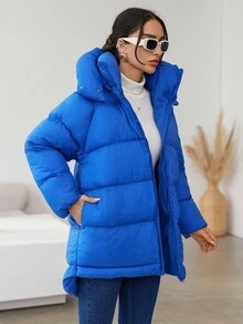 EURMUSE Zip Up Snap Button Hooded Puffer Coat - Blue - View 3