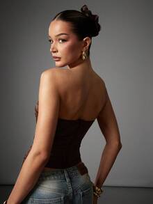 Hauture 女士摩卡棕色交叉系带性感外出紧身胸衣 - 咖啡棕 - 查看 3