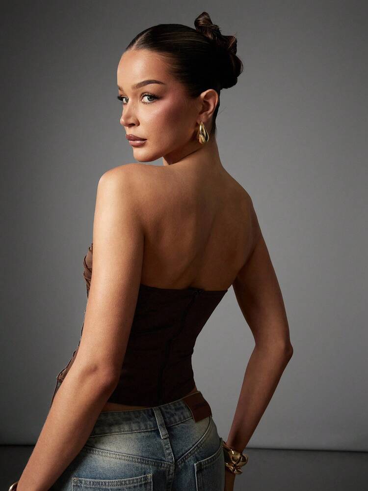 Hauture Women's Mocha Brown Cross Tie Front Sexy Going Out Bustier Top - Coffee Brown - View 3