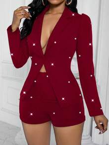 Xyvia Handmade Beaded Split Design Women Long Sleeve Jacket And Shorts Elegant Suit Set - Burgundy - View 4