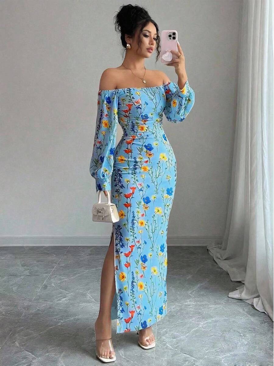 Rafferiza Women's Light Blue Floral Elegant Summer Holiday Vacation Holiday Off-Shoulder Floral Branch Print Mesh Elastic Waist Bodycon High Slit Maxi Dress - Blue - View 1