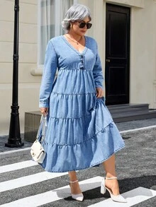 EMERY ROSE Robe en jean plissée style western vintage grande taille pour femmes