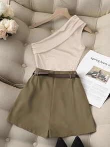 Franclia 休闲时尚百搭通勤高弹力纯黑色单肩百褶上衣配卡其色假口袋裙裤配腰带女士两件套 - 棕色 - 查看 2