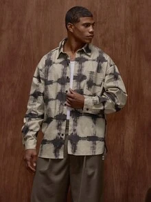 Musero 男士超大款全印花长袖纽扣前袋衬衫套装（仅上衣）秋冬/春夏服装 - 藍色 - 查看 5