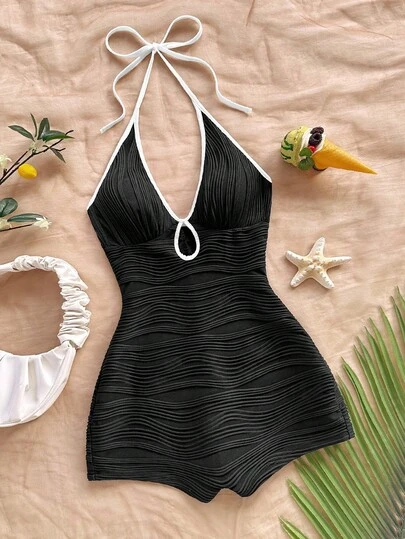 Soleia Women's Casual Vacation New V-Neck Halter Tie Bow Front Hollow Out Black & White Contrast Trim Bodycon Ribbed Jumpsuit, Versatile For Party, Date, Afternoon Tea, Beach