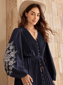 Wildy 秋季女装 波西米亚风 女士西部服饰 女士优雅海军蓝花卉印花 V 领灯笼袖连衣裙 灯笼袖长裙 刺绣长裙 长袖长裙 女士纽扣长裙 褶皱长裙 休闲装 春季纽扣长裙 浪漫连衣裙 送给妈妈的礼物 别致秋季女士秋季服装 商务休闲女士 女士生日礼服 - 藏蓝色 - 查看 6