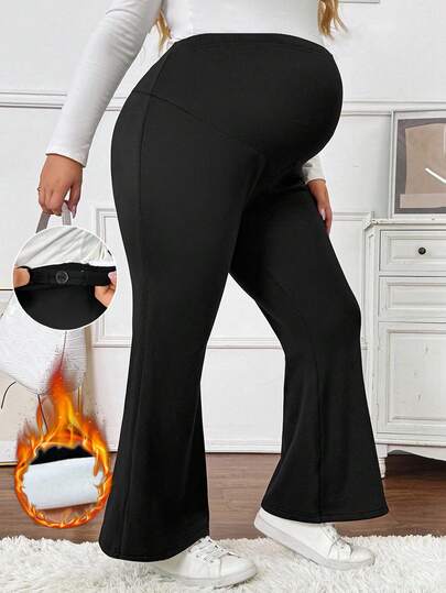 SHEIN 加大码孕妇纯色可调节腰部喇叭裤，带保暖内衬