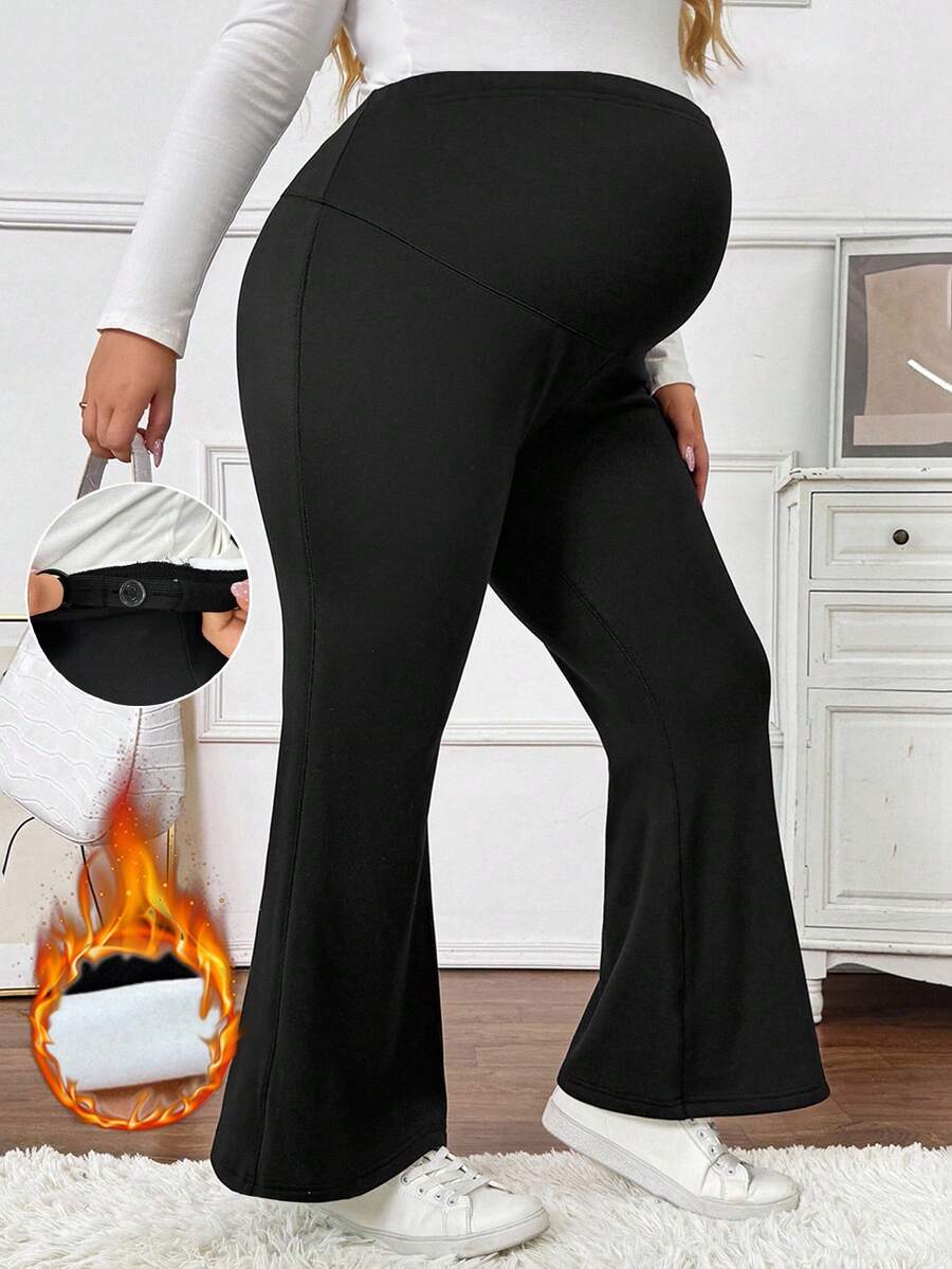 SHEIN 加大码孕妇纯色可调节腰部喇叭裤，带保暖内衬