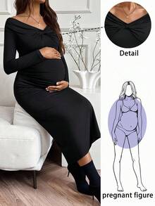 SHEIN Fall Clothes,Autumn Clothes,Maternity Autumn Clothes Maternity Elegant, Homewear, Fashionable Long Sleeve Maternity Midi Dress Maternity Dress Black Maternity Dress Pregnancy Dress Off The Shoulder Maternity Dress