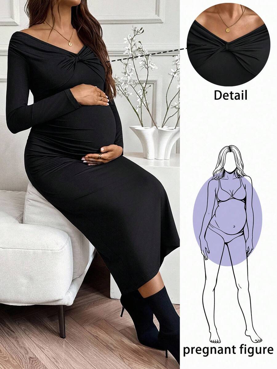 SHEIN Fall Clothes,Autumn Clothes,Maternity Autumn Clothes Maternity Elegant, Homewear, Fashionable Long Sleeve Maternity Midi Dress Maternity Dress Black Maternity Dress Pregnancy Dress Off The Shoulder Maternity Dress