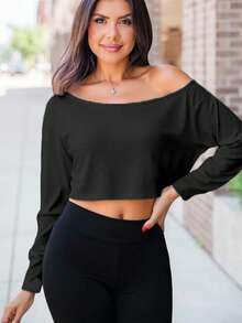 ReShift Áo thun ngắn tay dài cổ bất đối xứng cỡ lớn dành cho nữ, màu trơn, mùa thu - màu đen - Xem 1