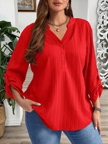 EMERY ROSE Plus Size Solid Color Notched Neck Roll Up Sleeve Casual Blouse ,Winter Clothes V Neck Blouses For Women Red Shirt Plus Size - Red - View 1