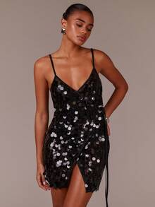 Athîral Women's Black Sequin Wrap Mini Dress,Iridescent Disc Embellished Mesh Fitted V-Neck Spaghetti Straps Summer 70s Party Night-Out Cocktail Club Festival - Black - View 1