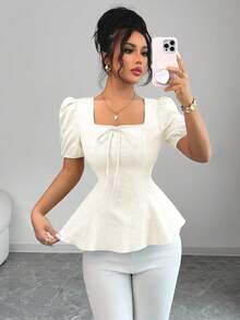 Elenzga 新款时尚百搭法式蝴蝶结灯笼袖优雅提花面料女式衬衫 - 杏色 - 查看 5