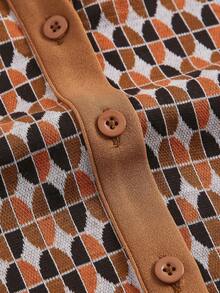 SHEIN MOD 女式几何印花短袖单排扣休闲迷你连衣裙 - 棕色 - 查看 3