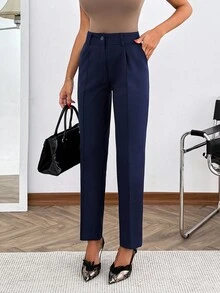 EURMUSE Women's Navy Blue Seam Button Front Elegant Suit Pants - Navy Blue - View 4