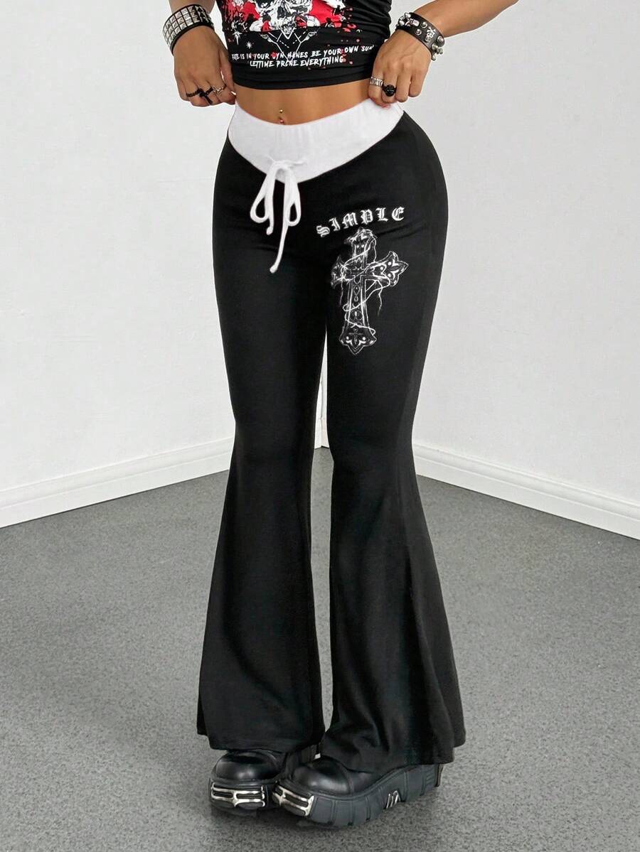 StreetHx Women's Contrast Color Patchwork Print Punk Flare Pants - White - View 1