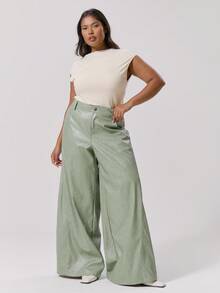 MUSERA 大码水洗仿皮阔腿裤，优雅可爱性感街头风，适合夜间外出、曲线身材，夏季休闲百搭 - 綠色 - 查看 1