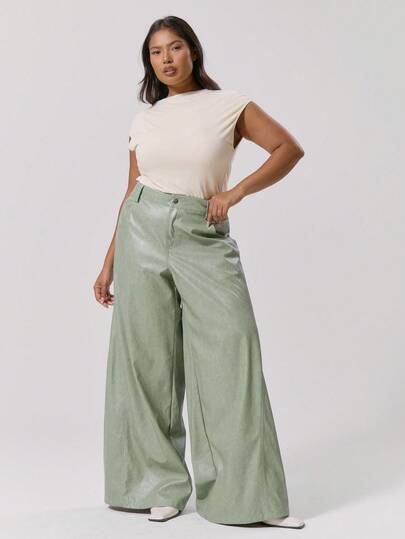 MUSERA Pantalones anchos de piel sintética lavada de talla grande, elegantes, lindos, sexys, para usar en la calle, otoño, invierno