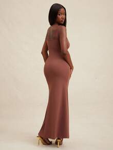 NYA SZN Chocolate Brown Elegant Dinner Date Summer Dress,Short Sleeve Asymmetrical Fitted Bodycon Flare Skirt Maxi Length Mesh Wedding Birthday Outfits Women - Brown - View 2