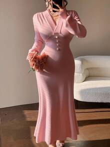 DAZY Robe pull élégante à encolure en V et taille cintrée pour femmes - Rose bonbon - Voir 1