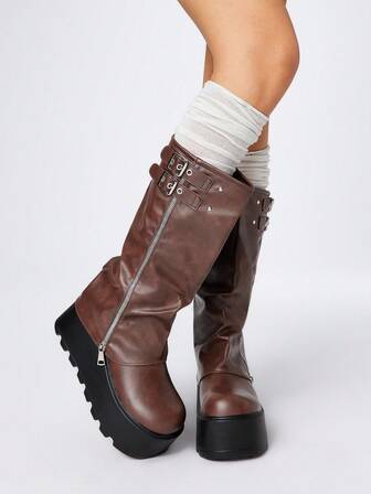 Grunge Punk 2025 Autumn/Winter New Round Toe Thick Sole Punk Style Buckle Strap Zipper Ankle Boots, Outdoor Fashion Slip-On Mid-Calf Boots