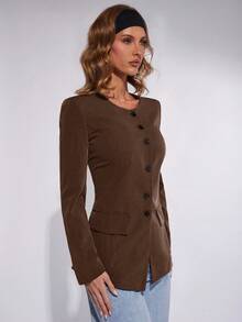 COSMINA Women's Solid Color Long Sleeve Single-Breasted Casual Commuter Regular Jacket, Autumn,Brown Jacket,Fall - Brown - View 5