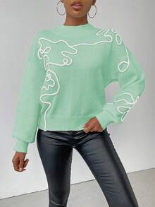 SHEIN LUNE 女士休闲3D图案针织毛衣，秋冬 - 綠色 - 查看 6