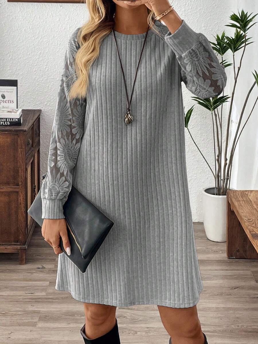 EMERY ROSE Women's Casual Loose Fit Round Neck Long Sleeve Dress,Fall - Grey - View 1