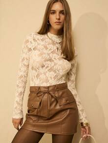 Aralina Women's Autumn/Winter Casual Boho PU High Waisted Mini Skirt With Tie Front Detail And Cute Pocket Details Perfect For Going Out Outfits And Date Night Outfits And Country Concert Outfits - Brown - View 4