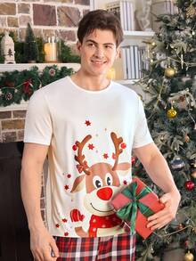 Manfinity Cartoon Christmas Reindeer Print Short Sleeve Pajama Set For Men Matching Couple Pajama Set Men Pjs Set Sleep Wear Sets Reindeer Pajama Set Christmas Pjs - Multicolor - View 7