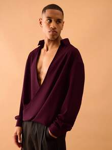 Musero 垂坠雪纺长袖衬衫上衣，夏季时尚街头风度假必备 - 酒紅色 - 查看 2