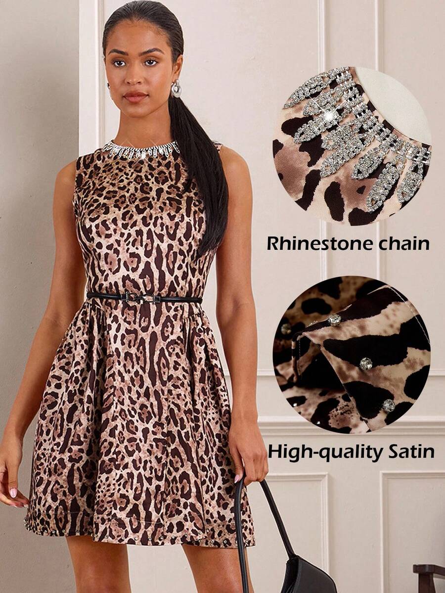 Lilora Elegant Leopard Print, Light Luxury, Sleeveless, Round-Neck, Diamond-Encrusted, Waist-Cinched, Large-Hem Women's Short Dress For Prom, Business, Retro, Party, Resort, Outing, Old Money,Siren Coquettish, Prom, Ball, Valentine's Day, Cruise Attire, Commuting,  Richly Layered, Date Night, Gathering, Minimalism, Birthday, Formal Event, Break, Modest, Chic, Casual, Shopping, Street Wear, Going Out, Coquette Cheetah Print